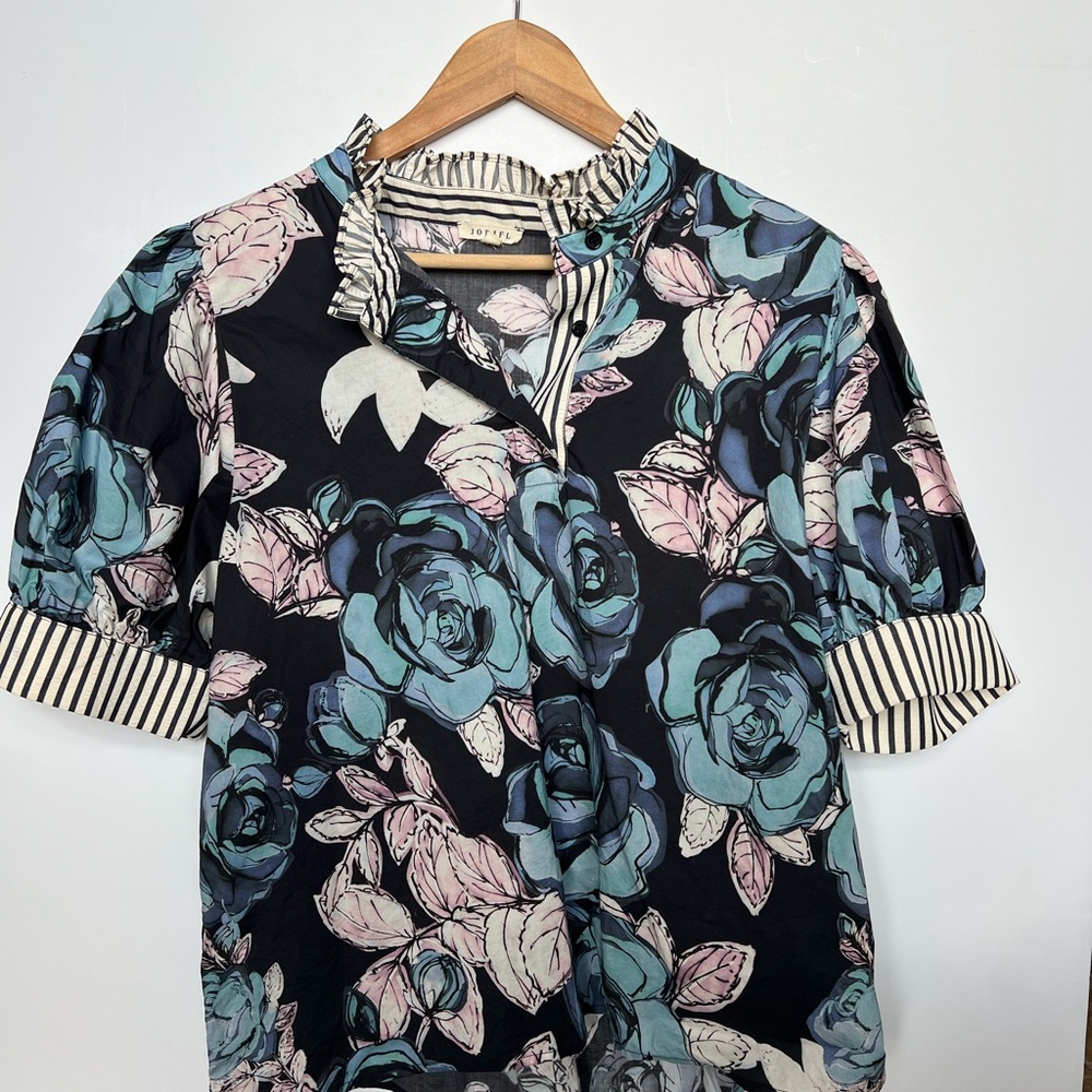 JODIFL Black Floral Blouse with Striped Details